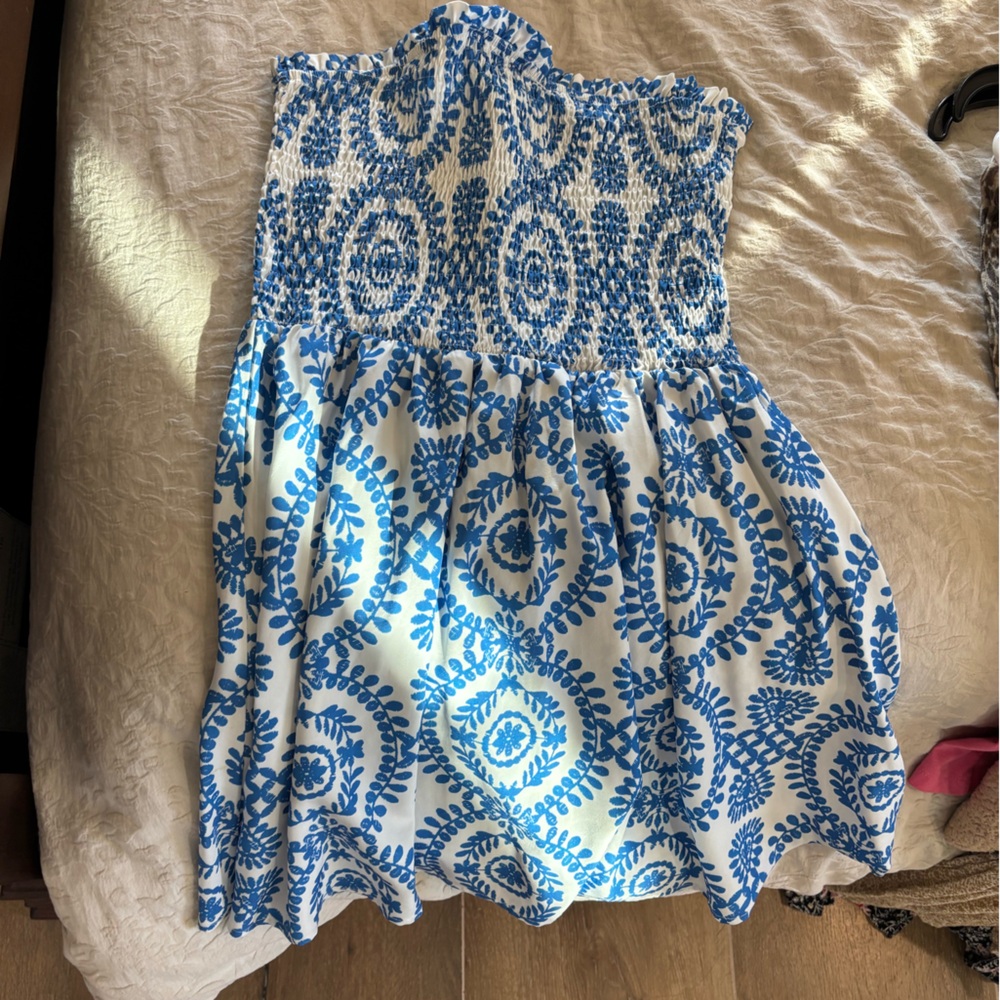 SHEIN Blue and White Smocked Top